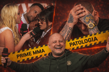 Kolaż z konferencji Prime MMA pokazujący kłótnię uczestników Laluna i Marianna, Popka i Tańculę na tle napisu PRIME MMA - PATOLOGIA