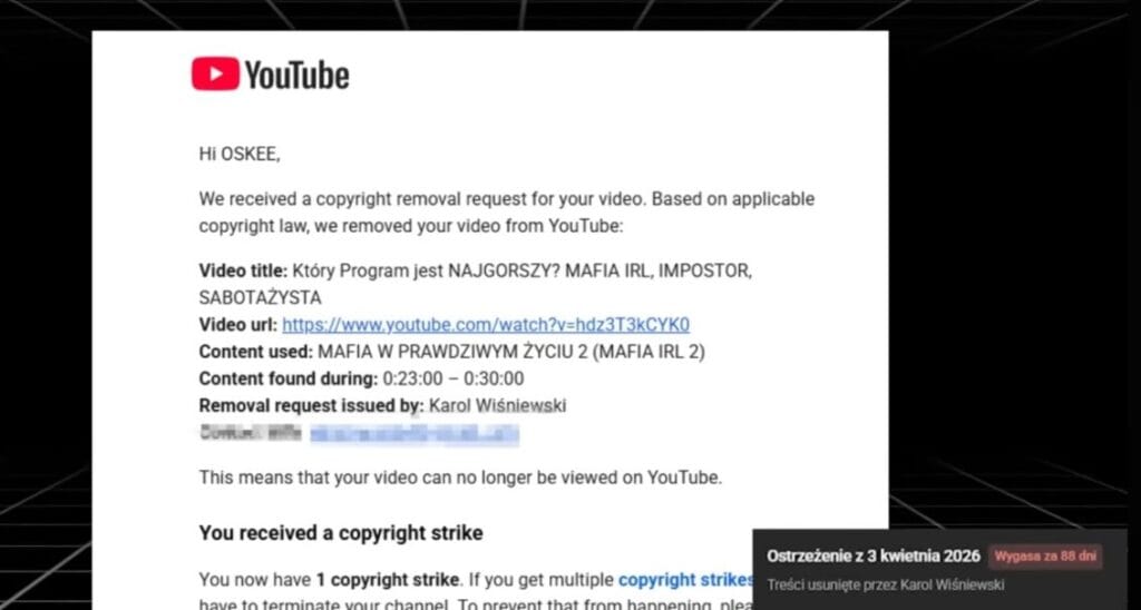 Friz blokuje treści innych twórców? Oskee mówi o strajku i usuniętym filmie 2 Friz blokuje treści innych twórców? Mail od YouTube o usunięciu filmu Oskee i copyright strike