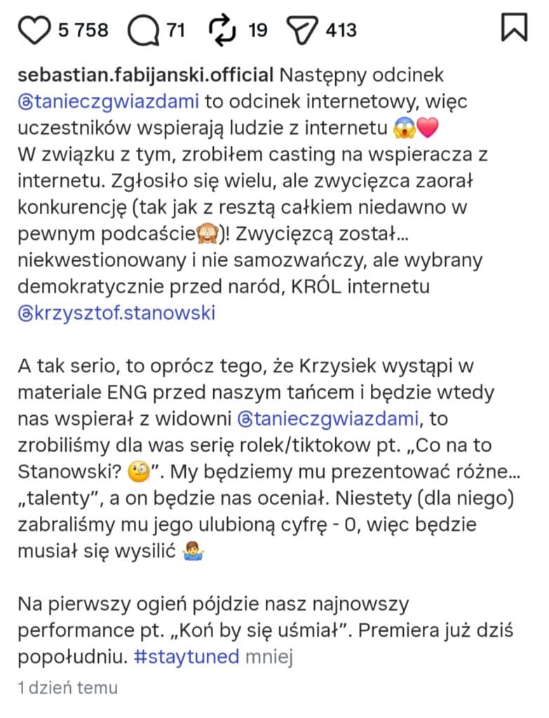 Krzysztof Stanowski w Tańcu z gwiazdami. Wesprze Fabijańskiego w odcinku 12 kwietnia