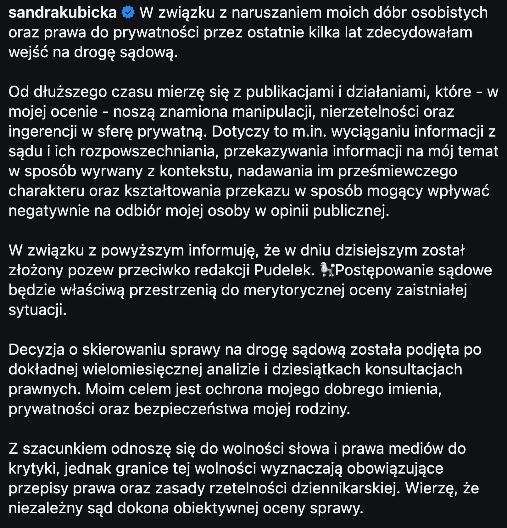 Sandra Kubicka ogłasza pozew przeciwko Pudelek i zapowiada walkę w sądzie o swoje dobra osobiste