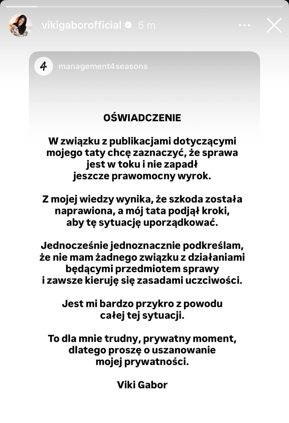 Viki Gabor ojciec
Viki Gabor oświadczenie
Viki Gabor sprawa ojca
Viki Gabor komentarz
Viki Gabor zatrzymanie ojca