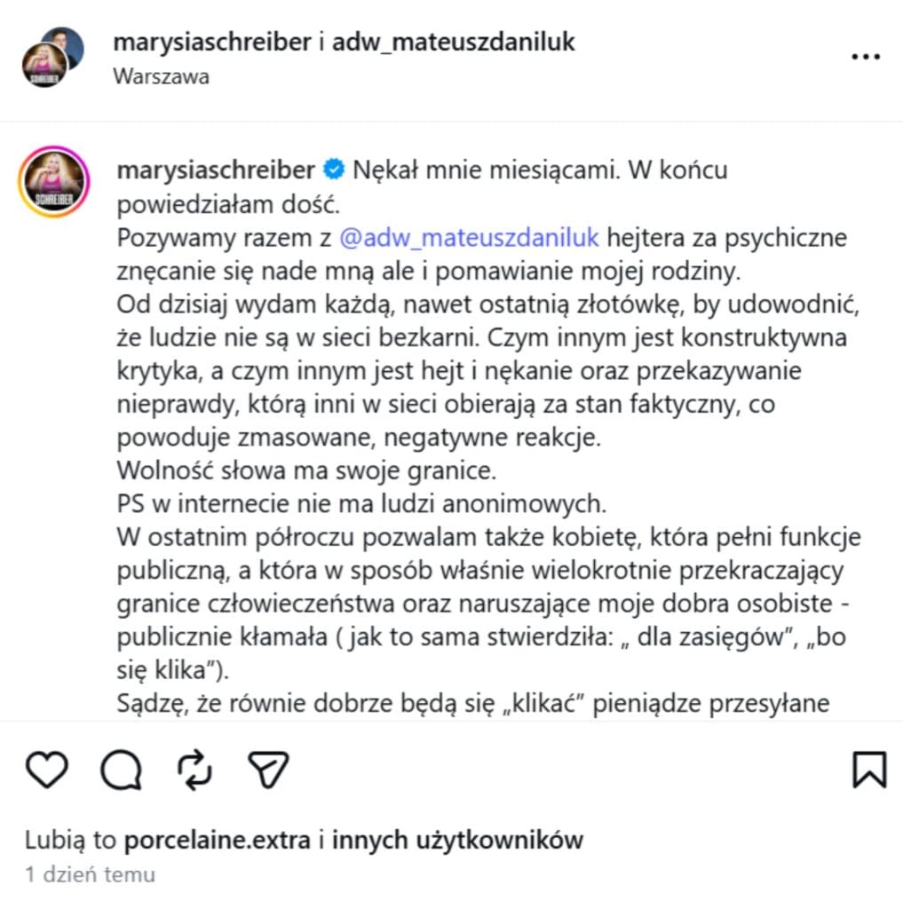 Marianna Schreiber zapowiada pozew dla hejtera za nękanie i pomówienia