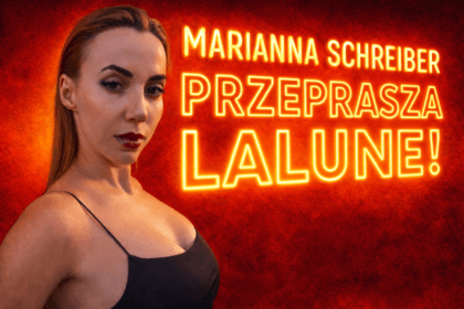 Prime MMA. Marianna Schreiber na czerwonym tle z napisem „Marianna Schreiber przeprasza Lalunę” odnoszącym się do konfliktu przed Prime MMA 16