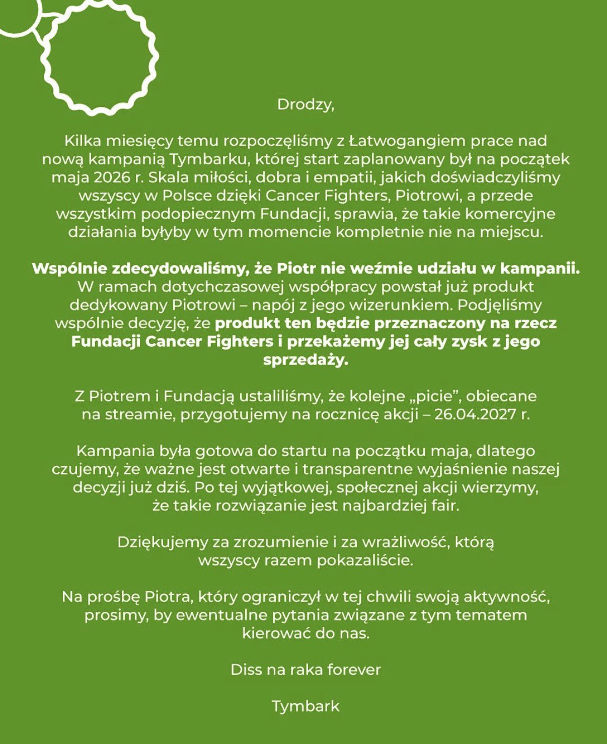 dlaczego Łatwogang nie promuje napoju
co z napojem Łatwogang Tymbark
czy Łatwogang zarabia na napoju
gdzie trafiają pieniądze z napoju Łatwogang
ile pieniędzy zebrano Cancer Fighters
oświadczenie Łatwogang pełna treść
Tymbark napój dla fundacji Cancer Fighters