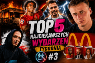TOP 5 NAJCIEKAWSZYCH WYDARZEŃ TYGODNIA #3 - kolaż przedstawiający najgłośniejsze wydarzenia tygodnia: pożar food trucka Tomasza Olejnika, IShowSpeed i mundialową piosenkę, kontrowersje wokół Reziego, dramę Tromby oraz zestawy FIFA World Cup 2026 w McDonald's.