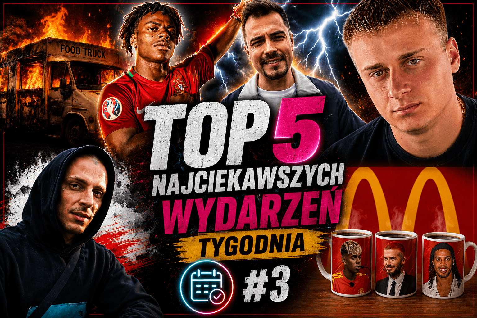 TOP 5 NAJCIEKAWSZYCH WYDARZEŃ TYGODNIA #3 - kolaż przedstawiający najgłośniejsze wydarzenia tygodnia: pożar food trucka Tomasza Olejnika, IShowSpeed i mundialową piosenkę, kontrowersje wokół Reziego, dramę Tromby oraz zestawy FIFA World Cup 2026 w McDonald's.